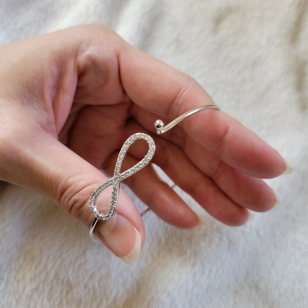 Dainty Silver Tone Crystal Rhinestone Infinity Wire Bangle Bracelet - Picture 8 of 9